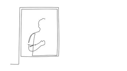Poster - Self drawing animation of single one line draw man enjoy hot coffee in window house. Male holding mug looking through window while sitting on windowsill at home. Continuous line. Full length animated