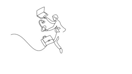 Poster - Self drawing animation of single line draw businessman kicked out of work with office supplies. Office worker being fired, Dismissal of staff. Minimal metaphor. Continuous line. Full length animated