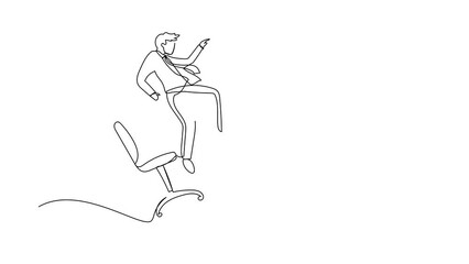 Poster - Animated self drawing of continuous line draw small businessman kicked out by big foot from chair. Employee kicked out of work. Dismissal of staff. Unemployment. Full length single line animation