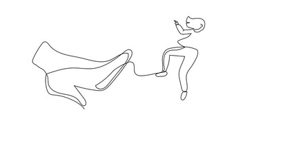 Poster - Animated self drawing of continuous line draw unlucky businesswoman kicked out by big foot from chair. Staff reduction, fired manager. Minimalist metaphor concept. Full length single line animation