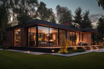 A contemporary home with a large glass front, lawn and a patio, is seen in the evening. Generative AI