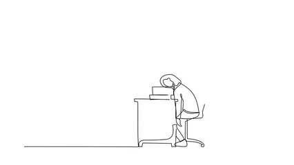 Poster - Self drawing animation of single line draw businesswoman sleeping on pile of papers on desk under big foot stomp. Worker being overworking, stress, overload. Continuous line draw. Full length animated