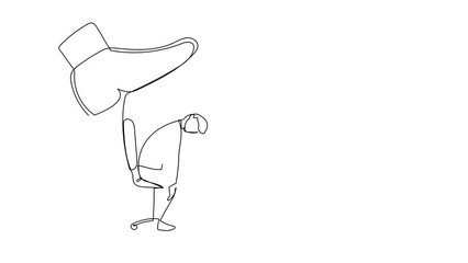 Poster - Animated self drawing of continuous line draw stressed businessman sleeping on pile of papers under big foot stomp. Tired exhausted deadline overloaded office clerk. Full length single line animation