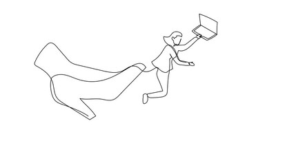 Poster - Animated self drawing of continuous line draw active businesswoman kicked out of work with office supplies. Manager being fired. Staff reduction. Minimalism metaphor. Full length one line animation