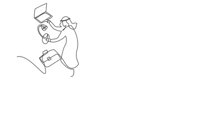 Poster - Self drawing animation of single line draw Arab businessman kicked out of work with office supplies. Office clerk being fired, Dismissal of staff. Minimal. Continuous line draw. Full length animated