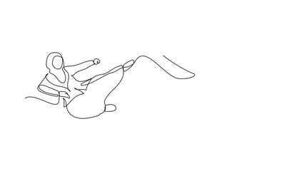 Poster - Self drawing animation of single line draw Arab businesswoman kick giant foot stomp. Female employee doing flying kick to big high heels. Minimal metaphor. Continuous line draw. Full length animated