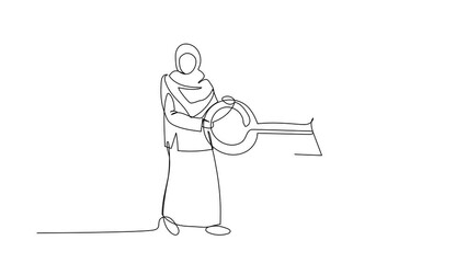Poster - self drawing animation of single line draw arab businesswoman put key into piggy bank. personal fina