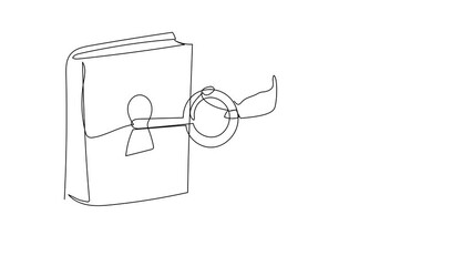 Poster - Self drawing animation of single line draw Arabian businesswoman put key into book. Unlock information for public. Manager open book. Library. Key of knowledge. Continuous line. Full length animated