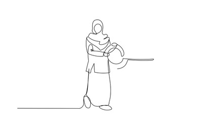Aufkleber - Self drawing animation of single line draw Arab businesswoman put key into cloud. Internet storage. Digital cloud technology. Password lock authentication. Continuous line draw. Full length animated