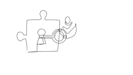 Poster - Self drawing animation of single line draw Arab businesswoman put key into puzzle piece. Partnership in business project. Teamwork solving complicated task. Continuous line draw. Full length animated