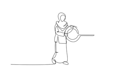 Poster - Animated self drawing of continuous line draw smart Arab businesswoman put key into light bulb. Innovation in business idea, invent new product or creative thoughts. Full length one line animation
