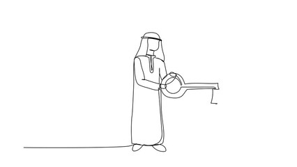 Poster - Animated self drawing of continuous line draw Arabian businessman put big key into clipboard. Digital document or contract for security protection privacy with paper. Full length one line animation