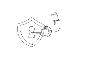 Poster - Self drawing animation of single line draw Arab businessman putting big key into shield. Internet security protection. Encryption, encoding digital currency data. Continuous line. Full length animated