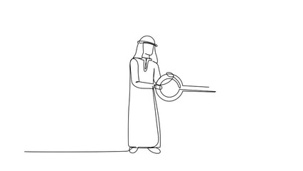 Poster - Animated self drawing of continuous line draw Arab businessman putting key into piggy bank. Personal saving or money security. Protection for finance banking system. Full length single line animation
