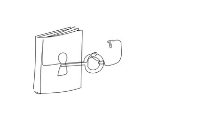 Poster - Self drawing animation of single line draw Arab businessman putting key into book. Smart manager unlock textbook, knowledge. Library. Key to new information. Continuous line draw. Full length animated