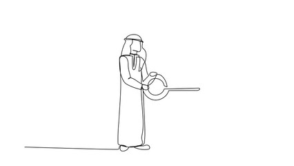 Poster - Animated self drawing of continuous line draw Arab businessman putting key into puzzle piece. Teamwork solving complicated tasks. Partnership and cooperation concept. Full length one line animation