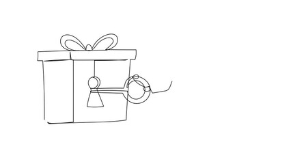 Poster - Animated self drawing of continuous line draw Arabian businessman putting key into gift box with ribbon. Unlock gift for successful business achievement. Celebration. Full length single line animation