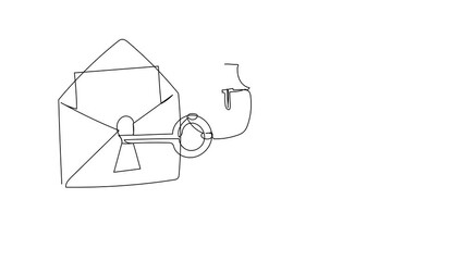 Aufkleber - Self drawing animation of single line draw Arab businessman putting big key into mail. Digital message protection or email security. Online personal information. Continuous line. Full length animated