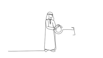 Poster - Animated self drawing of continuous line draw Arabian businessman putting key into briefcase. Safety bag for secret document. Invest portfolio, stock market strategy. Full length single line animation