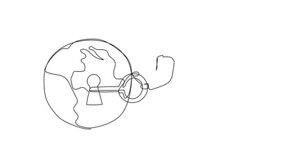 Poster - Animated self drawing of continuous line draw Arabian businessman putting key into globe. Global warming alert for people around the world. Security and data safety. Full length single line animation