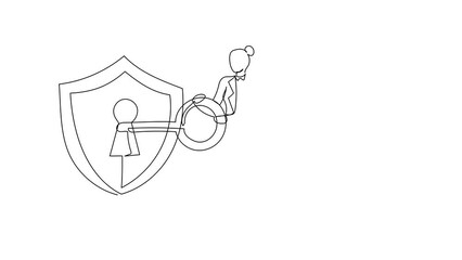 Poster - Animated self drawing of continuous line draw businesswoman put key into shield. Security. Encryption, encoding digital currency data, finance security and protection. Full length one line animation