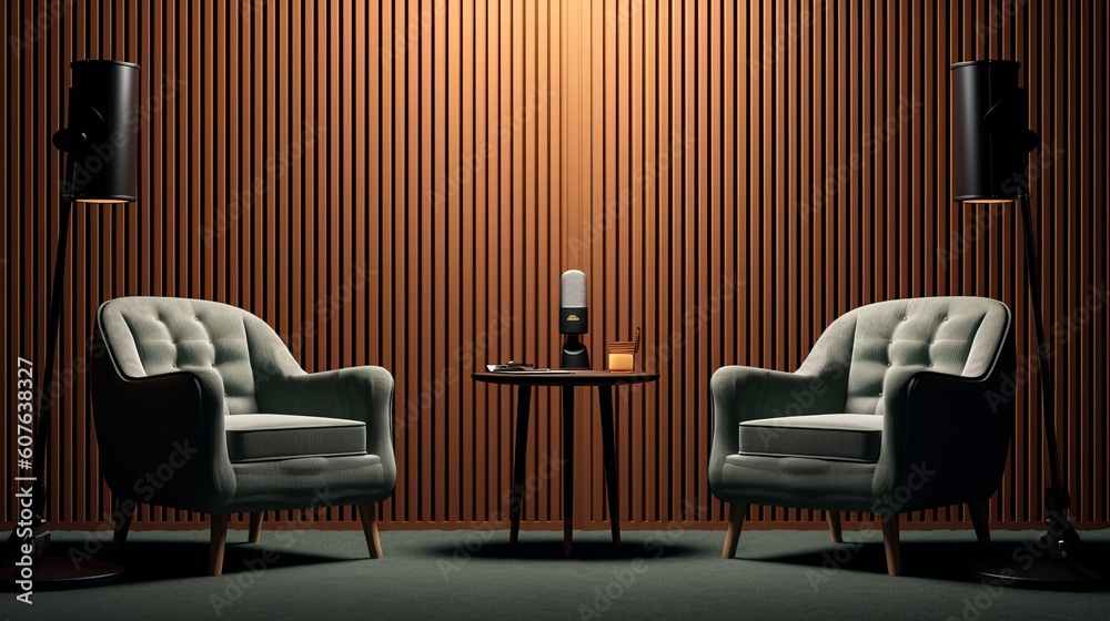Two chairs and spotlights in podcast or interview room on dark ...