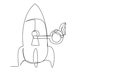 Poster - Self drawing animation of single line draw businesswoman put key into rocket. Restart business project. Unlock or launch new business idea. Web development. Continuous line draw. Full length animated