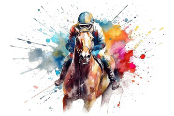  Abstract racing horse with jockey from splash of watercolors. Equestrian sport. Generative AI