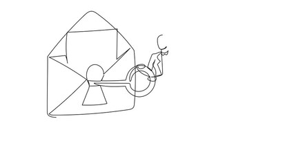 Poster - Self drawing animation of single line draw businesswoman put key into mail. Internet safety. Message online security system. Protection personal information. Continuous line draw. Full length animated