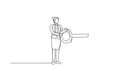Poster - Animated self drawing of continuous line draw businesswoman put key into briefcase. Professional manager. Invest portfolio, stock market management trading strategy. Full length one line animation