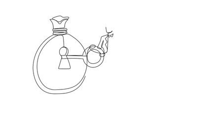 Poster - Animated self drawing of continuous one line draw businesswoman put key into money bag. Unlock business success. Safe haven for investment manager to manage money. Full length single line animation