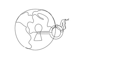 Poster - Self drawing animation of single line draw businesswoman put key into globe. Security safety in internet or digital crime. World protection, safety humanity. Continuous line draw. Full length animated