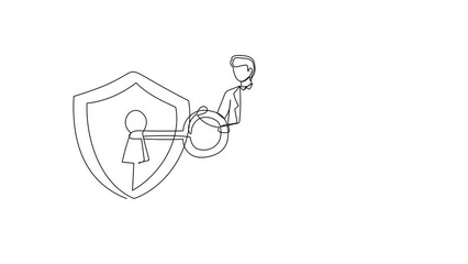 Poster - Self drawing animation of single line draw businessman putting big key into shield. Encryption, encoding digital currency data, finance security protection. Continuous line draw. Full length animated
