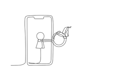 Poster - Self drawing animation of single line draw businessman putting big key into smartphone. Data privacy for protect internet. Password login device security. Continuous line draw. Full length animated