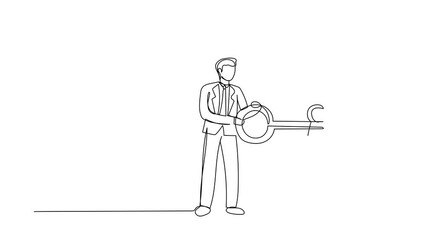 Poster - Animated self drawing of continuous line draw businessman putting big key into rocket. Unlock your startup, new business development, web. Restart business project. Full length one line animation