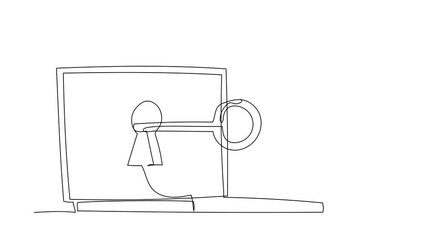 Poster - Self drawing animation of single line draw businessman putting big key into laptop. Internet encryption, access to encrypted, protection of personal information. Continuous line. Full length animated
