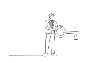 Poster - Animated self drawing of continuous line draw businessman putting big key into stopwatch. Time management concept. Effective planning for productive work, deadline. Full length single line animation