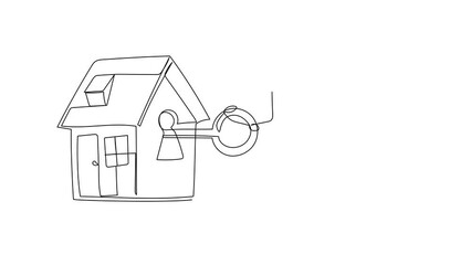 Wall Mural - Animated self drawing of continuous line draw businessman putting big key into house. People investing money in real estate. House loan, property mortgage concept. Full length one line animation