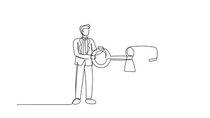 Poster - Self drawing animation of single line draw businessman putting big key into safety deposit box. Savings, banking safety concept. Trust, fiduciary services. Continuous line draw. Full length animated