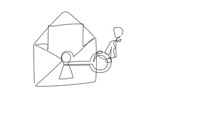 Poster - Animated self drawing of continuous line draw smart businessman putting big key into mail. Message online security system protection personal information internet. Full length single line animation