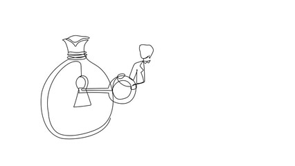 Poster - Self drawing animation of single line draw businessman putting big key into money bag. Financial success, safe haven for investment manager to manage money. Continuous line draw. Full length animated