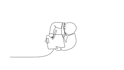 Poster - Self drawing animation of single line draw top view businessman writes completed checklist on clipboard. Successful completion of tasks. Effective planning. Continuous line draw. Full length animated