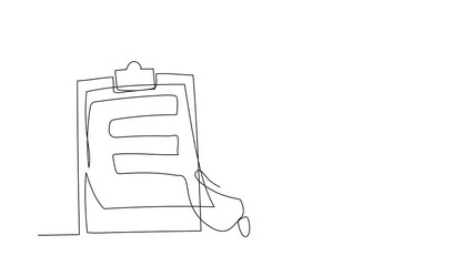 Poster - Animated self drawing of continuous line draw relaxed Arab businessman standing lean against clipboard. Business plan completed. Goal achievements planning schedule. Full length single line animation