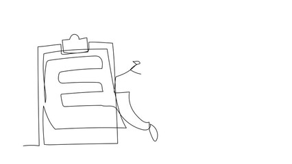 Sticker - Animated self drawing of continuous line draw relaxed businessman standing and lean against clipboard. Successfully completed checklist. Fulfilled task. Finished job. Full length single line animation