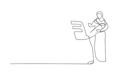 Poster - Self drawing animation of single line draw Arab businesswoman holding clipboard. Successfully completed. Fulfilled tasks. Completed job. Business finished. Continuous line draw. Full length animated
