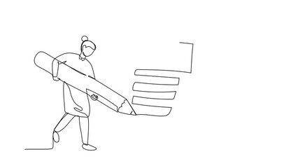 Poster - Animated self drawing of continuous line draw businesswoman writing on clipboard with pencil. Person completion business task. Goal achievements planning schedule. Full length single line animation