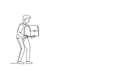 Poster - Self drawing animation of single line draw excited businessman hold chest find treasure in ground. Office worker walking to digging hole with treasure box. Continuous line draw. Full length animated