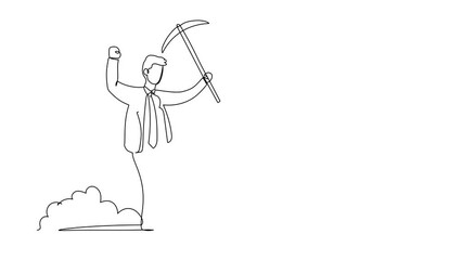 Poster - Animated self drawing of continuous line draw happy businessman in hole prancing while lifting pickaxe with hands. Male manager mining for diamond or precious stone. Full length single line animation