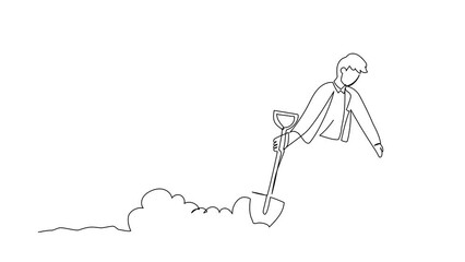 Poster - Self drawing animation of single line draw businessman walking unsteadily leaving hole dug dragging shovel. Exhausted office worker gave up and stopped trying. Continuous line. Full length animated