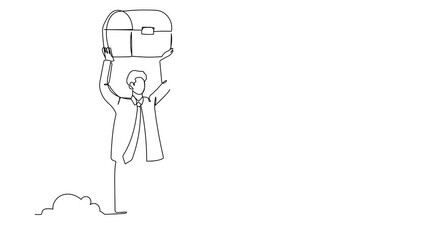Poster - Animated self drawing of single continuous line draw active businessman lifting chest treasure in ground. Excited worker finding gem box artefact. Treasure gold hunting. Full length one line animation
